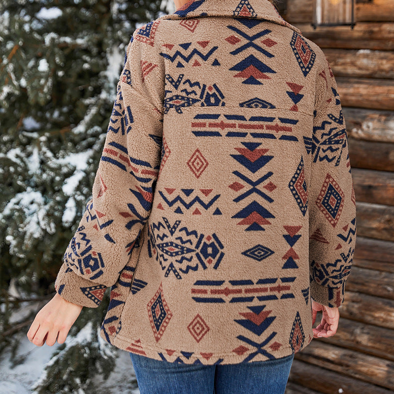 Emmeline | Women’s Oversized Buttoned Teddy Jacket with Geometric Pattern and Lapel Collar