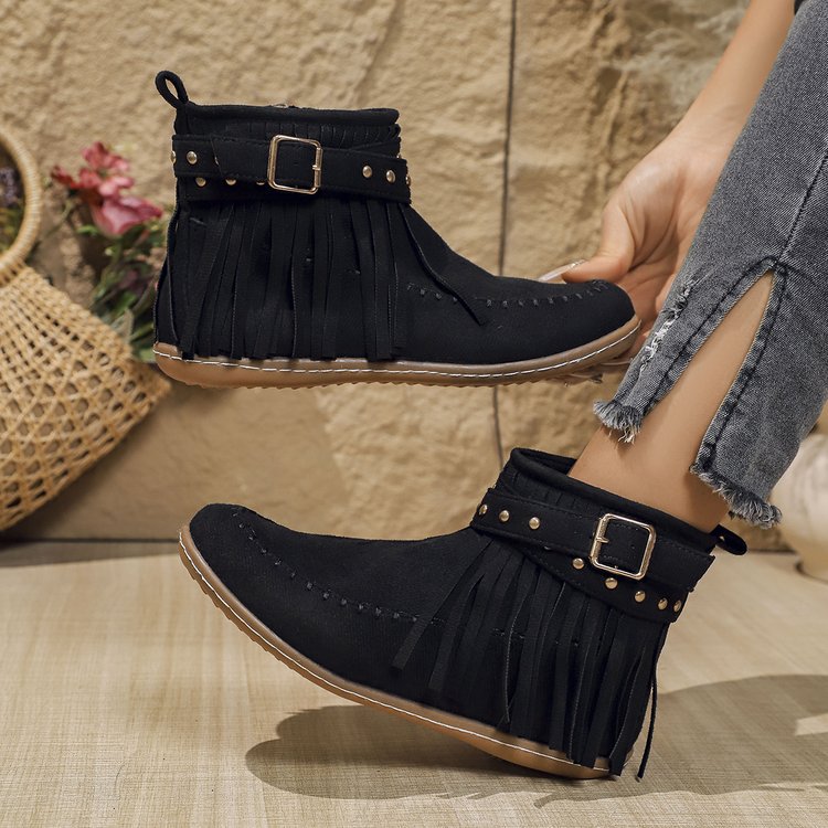 Gwenrose | Women’s Suede Fringe Ankle Boots – Metal Stud Detail – Flat Sole – Side Zip – Boho Style