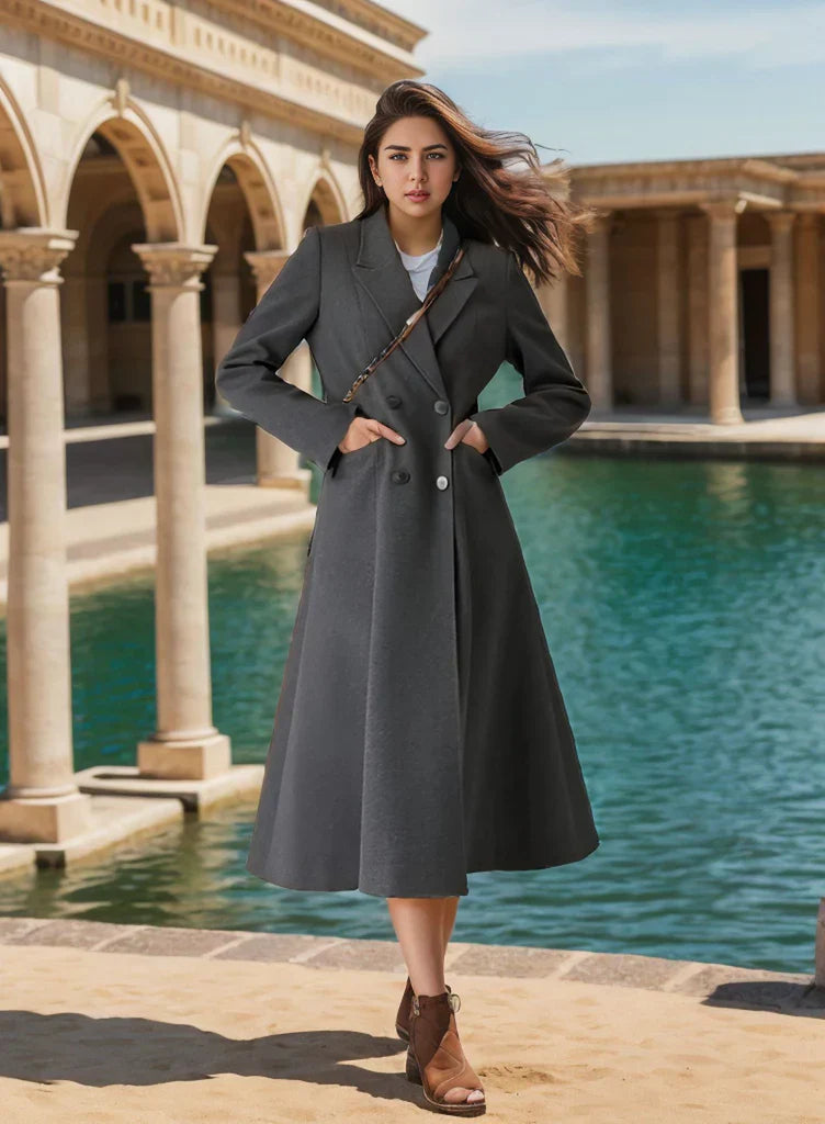 Esme | Women’s Tailored Grey Wool-Blend Long Coat with Double-Breasted Buttons
