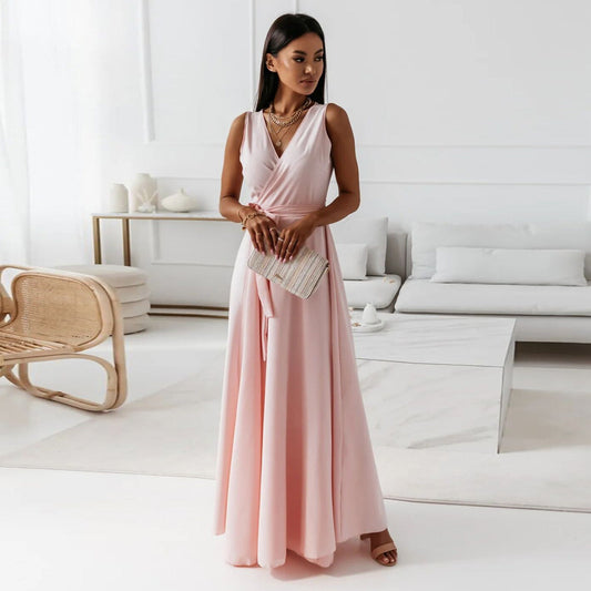 Sylverie | Women’s Elegant V-Neck Tie-Waist Sleeveless Maxi Dress – Formal Party Gown