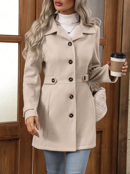 Elestren | Women's Long Cotton Coat with Lapel Collar & Buttons