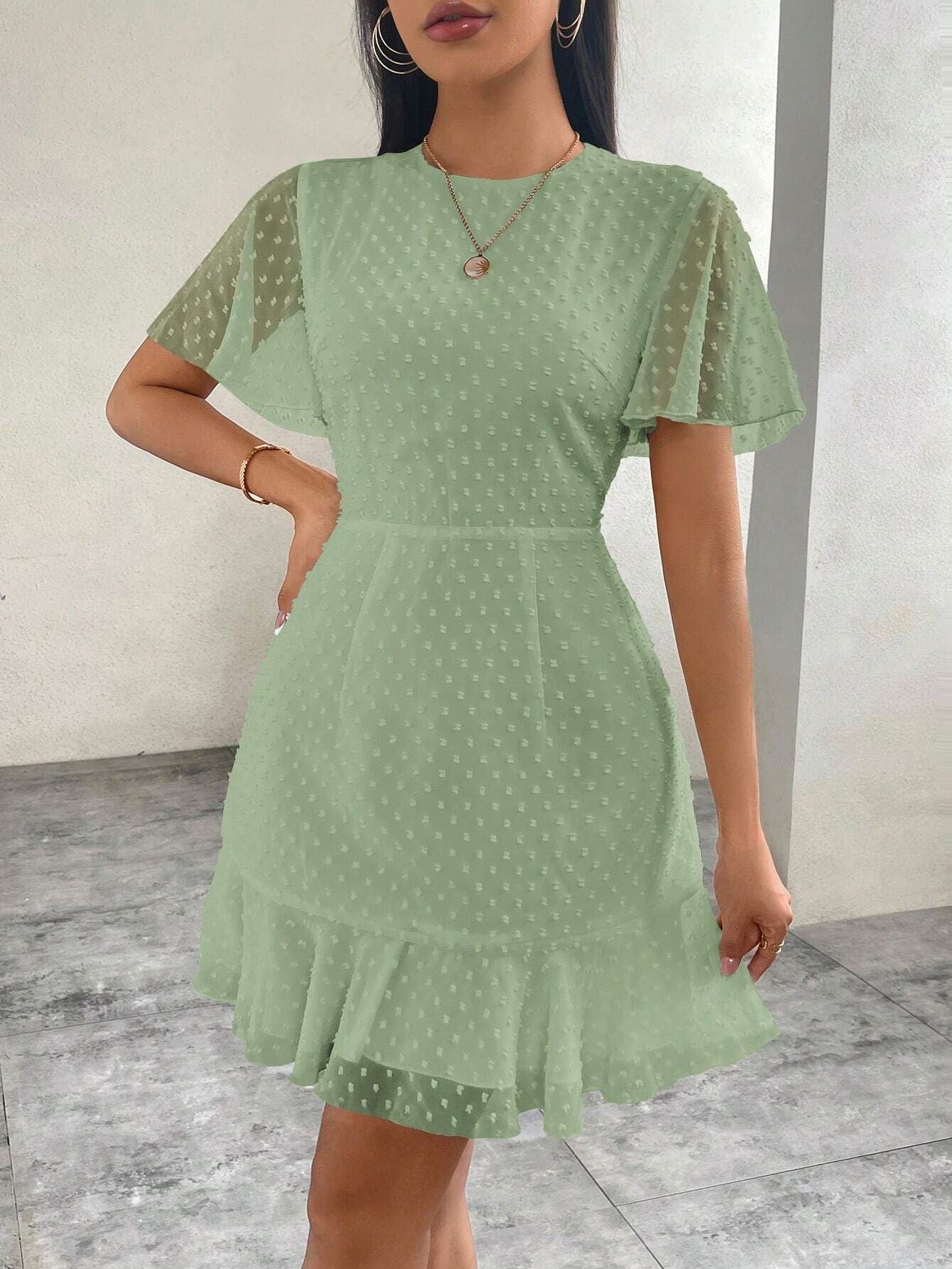 Tavina | Women's Polka Dot Ruffle Trim Mini Dress with Round Neck & Short Sleeves
