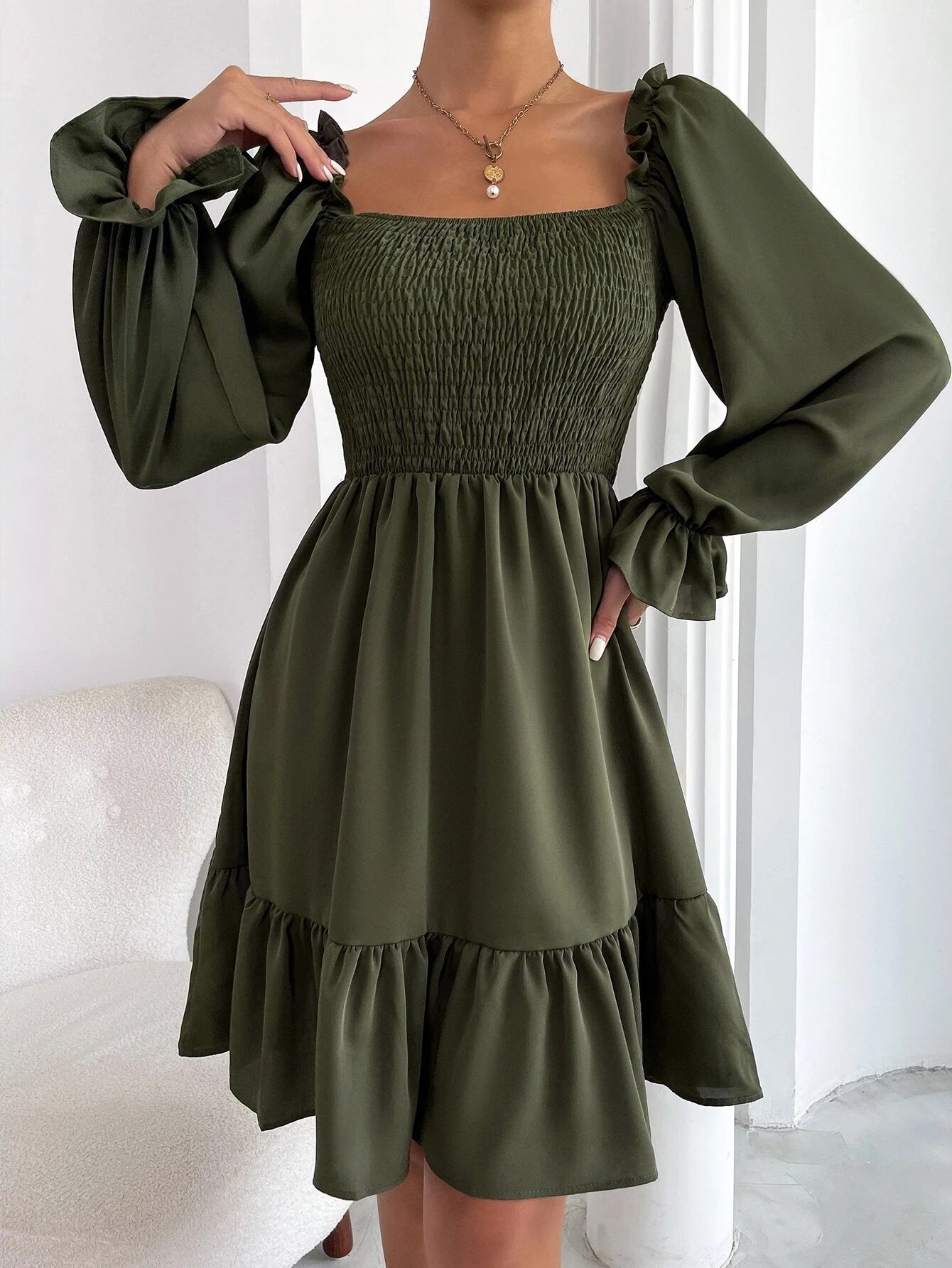 Sibylla | Women’s Solid Colour Square Neck Pleated Mini Dress with Bishop Sleeves & Ruffled Hem