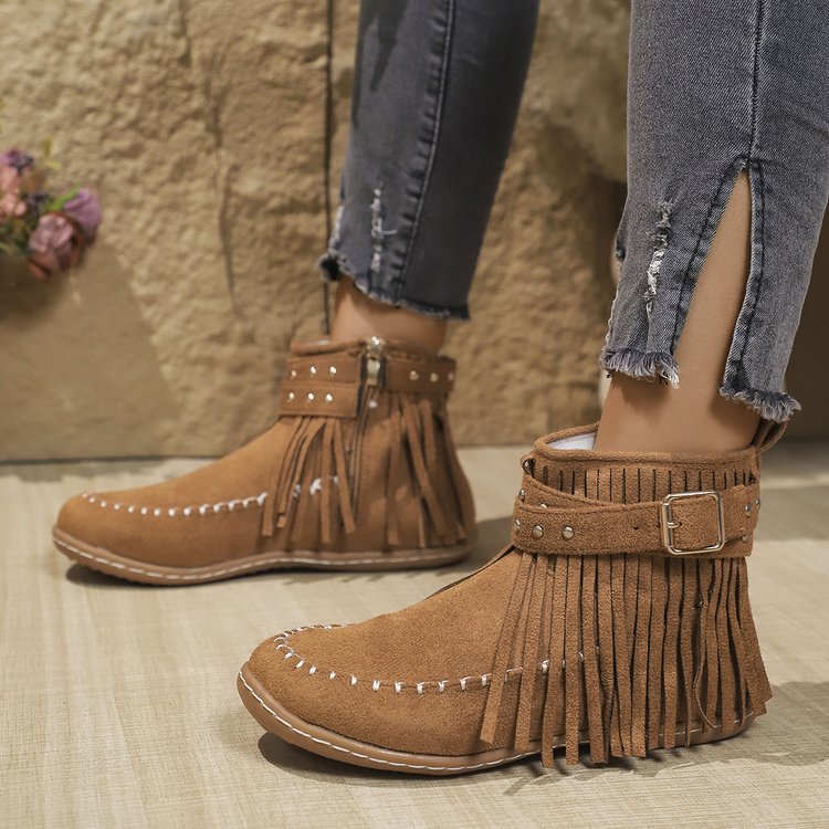 Gwenrose | Women’s Suede Fringe Ankle Boots – Metal Stud Detail – Flat Sole – Side Zip – Boho Style