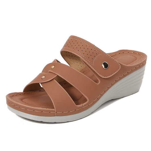 Perriwyn | Women’s Elegant Wedge Sandals – Open Toe Slip-On – Rivet Detail – Cushioned Insole Comfort