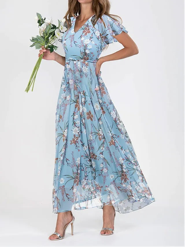 Kitta | Women's Swing Maxi Dress – Floral Chiffon with Short Ruffled Sleeves