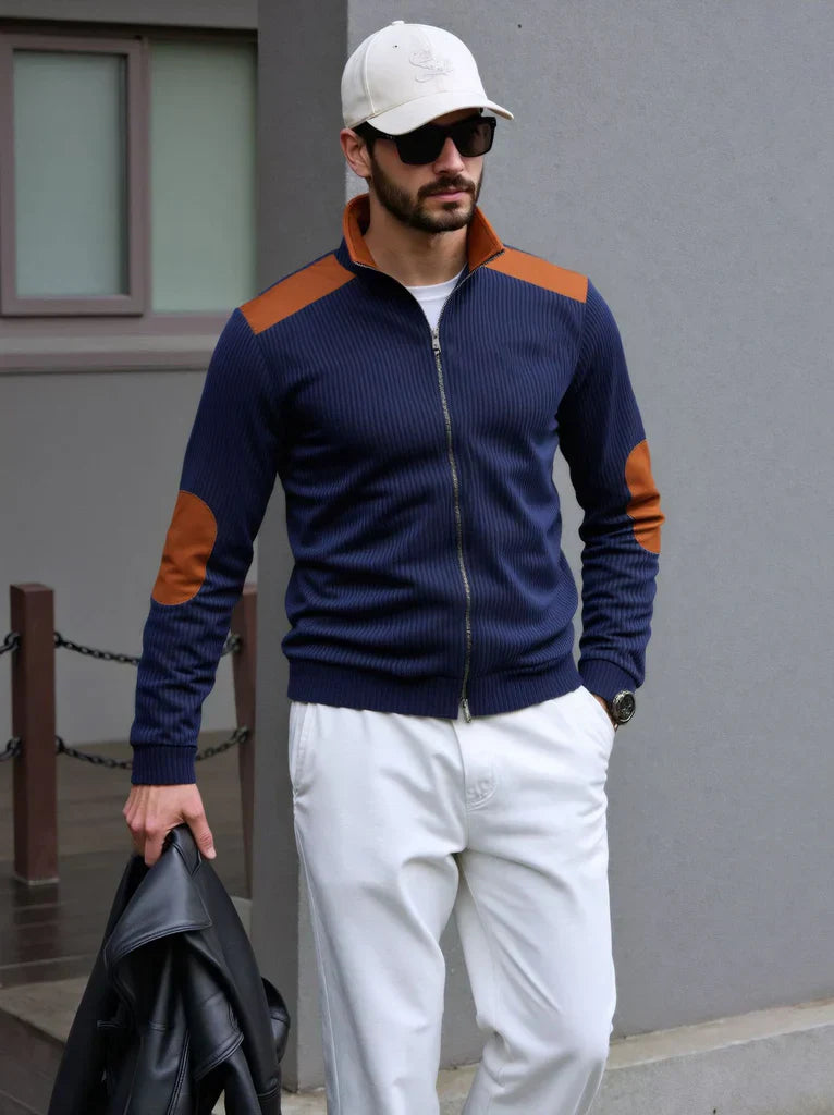 Laervic | Men’s Knitted Zipper Cardigan with Shoulder & Elbow Patches