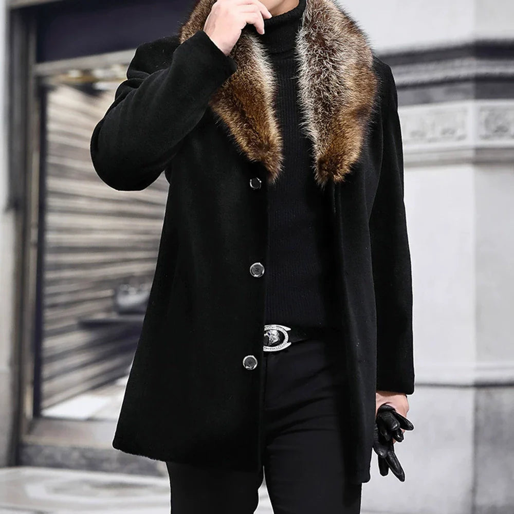 Laurent | Men's Slim-Fit Wool Coat – Shaggy V-Fur Collar with Button Closure