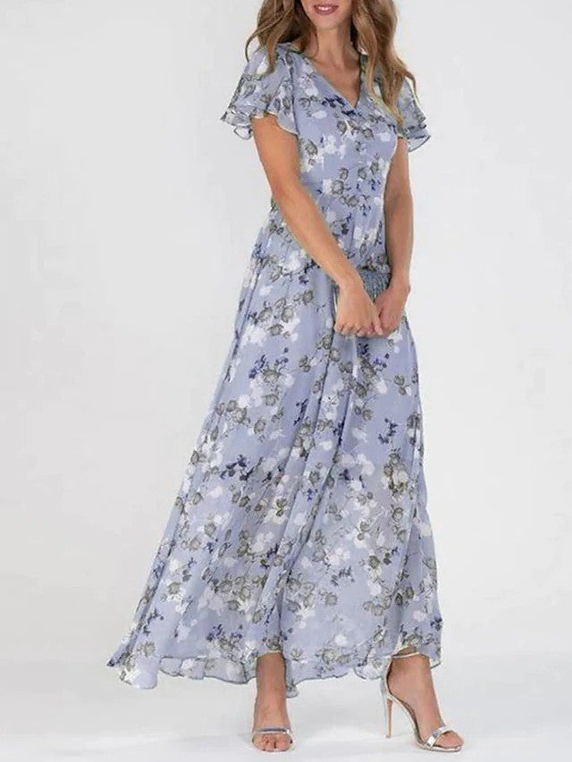 Kitta | Women's Swing Maxi Dress – Floral Chiffon with Short Ruffled Sleeves