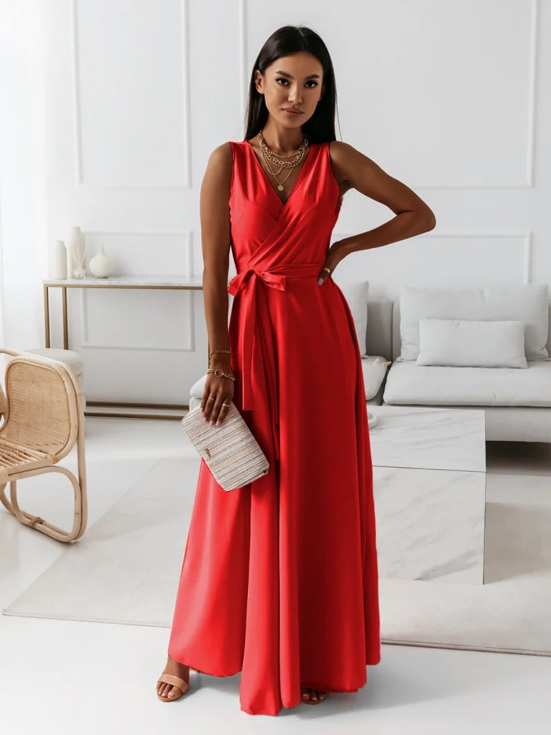 Sylverie | Women’s Elegant V-Neck Tie-Waist Sleeveless Maxi Dress – Formal Party Gown