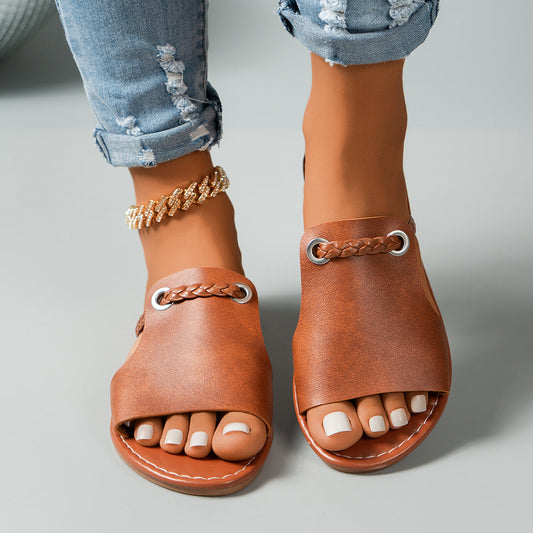 Leocadie | Women’s Flat Slip-On Sandals – Braided Straps – Cushioned Footbed – Open Toe Comfort