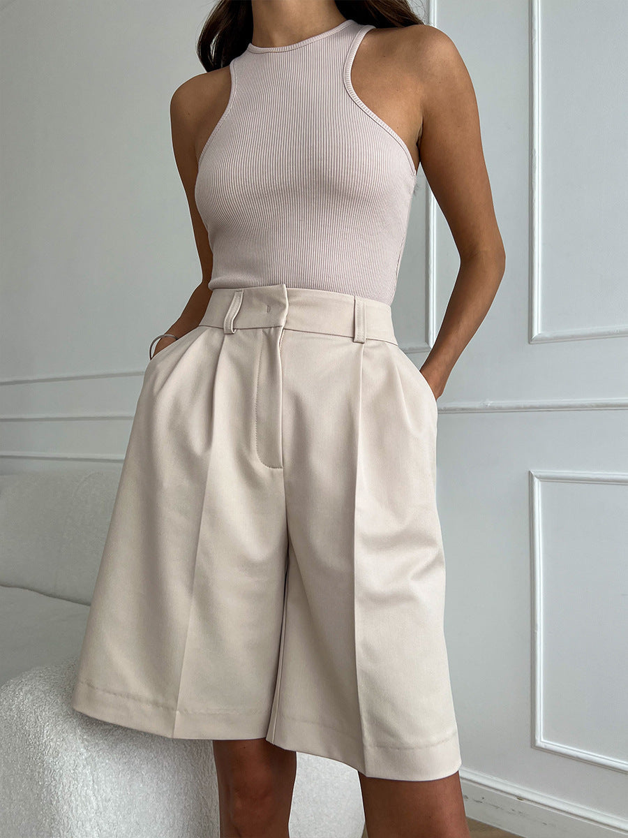 Roswyn | Women’s High Waisted Beige Wide Leg Knee-Length Shorts