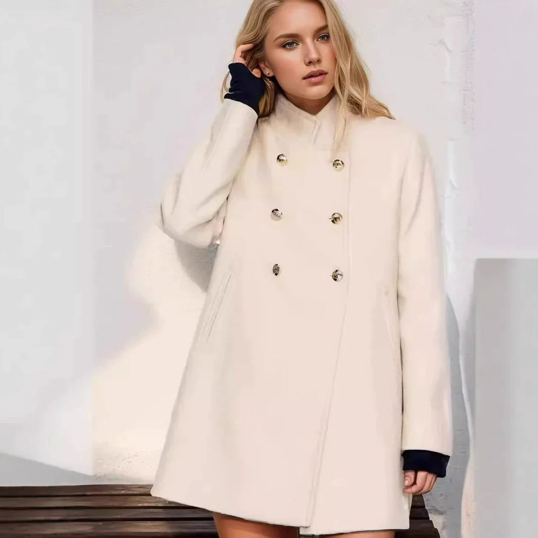 Diana | Women's Fitted Wool-Blend Coat – Double-Button Stand-Up Collar Mid-Length