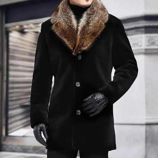 Laurent | Men's Slim-Fit Wool Coat – Shaggy V-Fur Collar with Button Closure