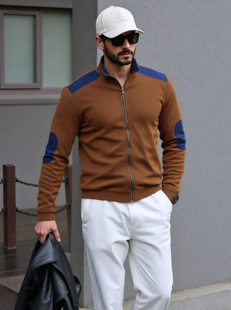 Laervic | Men’s Knitted Zipper Cardigan with Shoulder & Elbow Patches