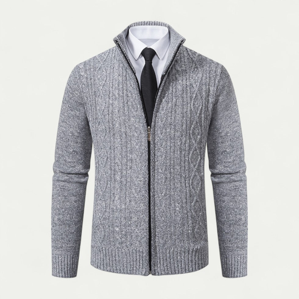 Edward | Men's Cable-Knit Zip-Up Cardigan with High Collar and Ribbed Hem