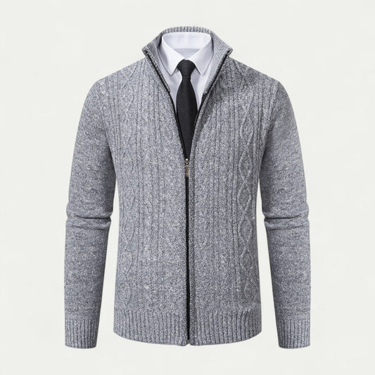 Edward | Men's Cable-Knit Zip-Up Cardigan with High Collar and Ribbed Hem