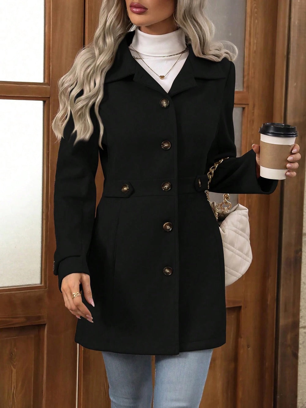 Elestren | Women's Long Cotton Coat with Lapel Collar & Buttons