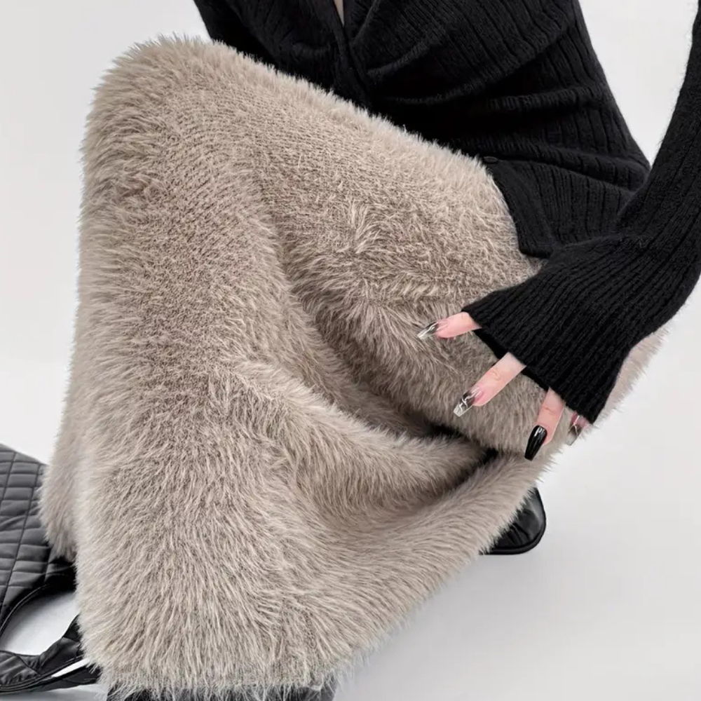 Mandy | Women’s High Waist Plush Teddy Maxi Skirt in Khaki