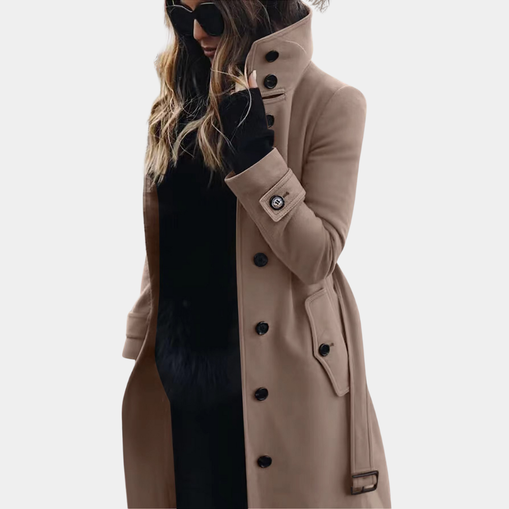 Brielle | Women's Solid Colour Long High Neck Coat with Waist Belt