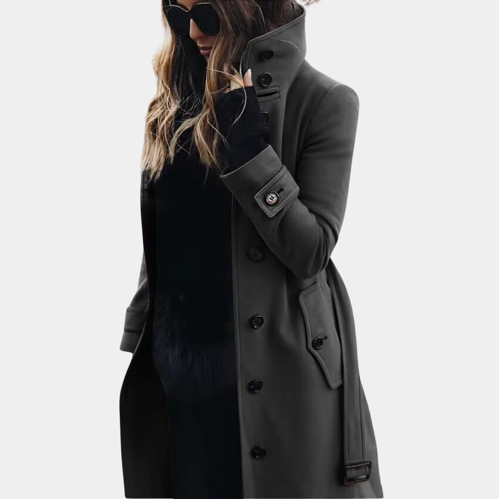 Brielle | Women's Solid Colour Long High Neck Coat with Waist Belt