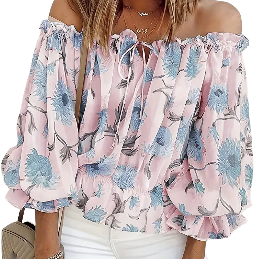 Araminta | Floral Off-Shoulder Blouse – Long Puff Sleeves, Casual Summer Top for Women