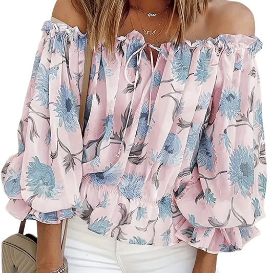 Araminta | Floral Off-Shoulder Blouse – Long Puff Sleeves, Casual Summer Top for Women