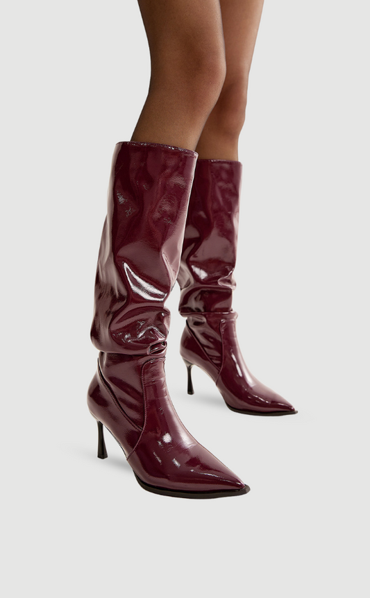 Madeleine | Women's Shiny Burgundy High Heel Knee-High Pointed Toe Boots