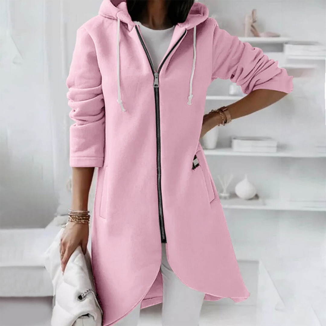 Betsy | Women's Solid Colour Long Hooded Zipped Jacket with Drawstring