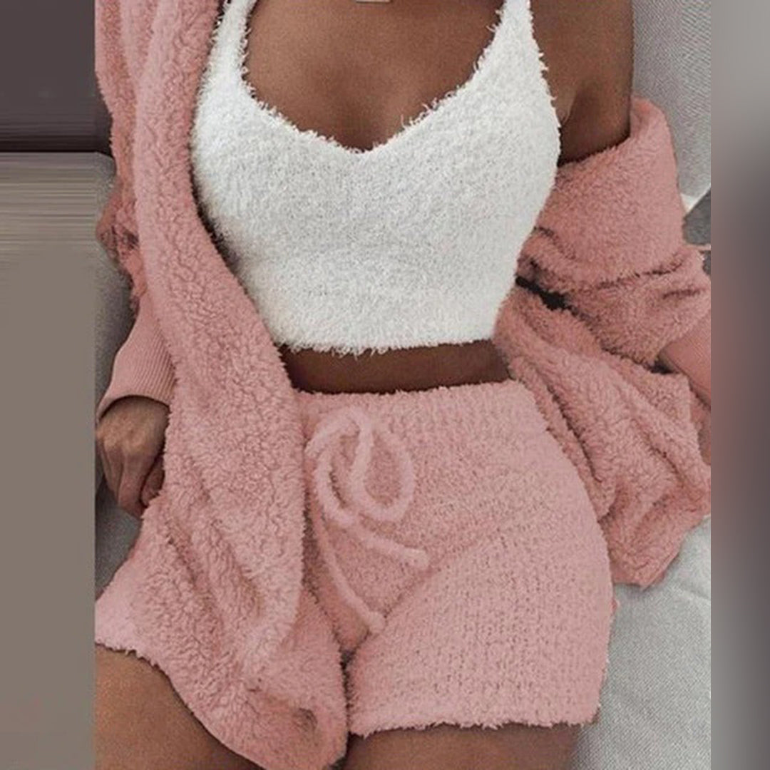 Arlene | Women's Solid Colour Teddy Lounge Set with Hoodie & Drawstring Shorts