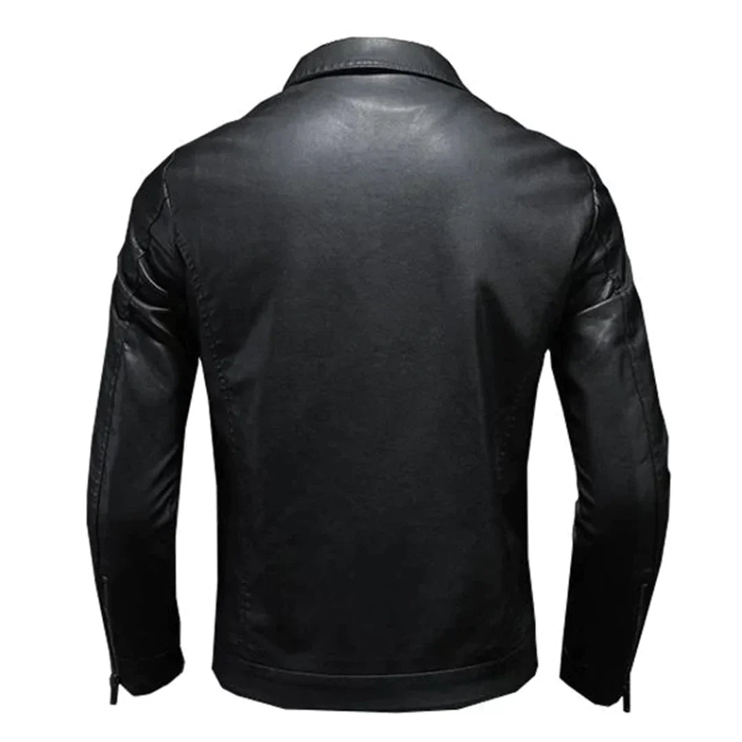 Luke | Men’s Black Leather Look Jacket with Zip Closure & Classic Lapel Collar