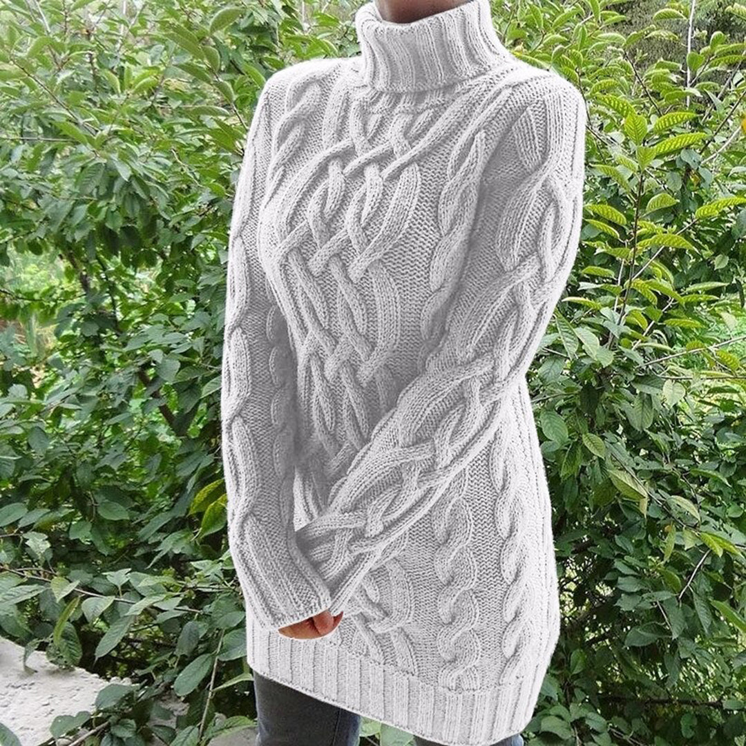 Nelena | Women's Roll Neck Knitted Sweater with Braided Pattern – Long and Sleek Design