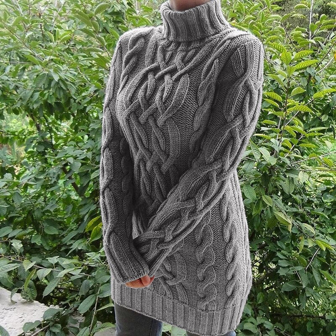 Nelena | Women's Roll Neck Knitted Sweater with Braided Pattern – Long and Sleek Design