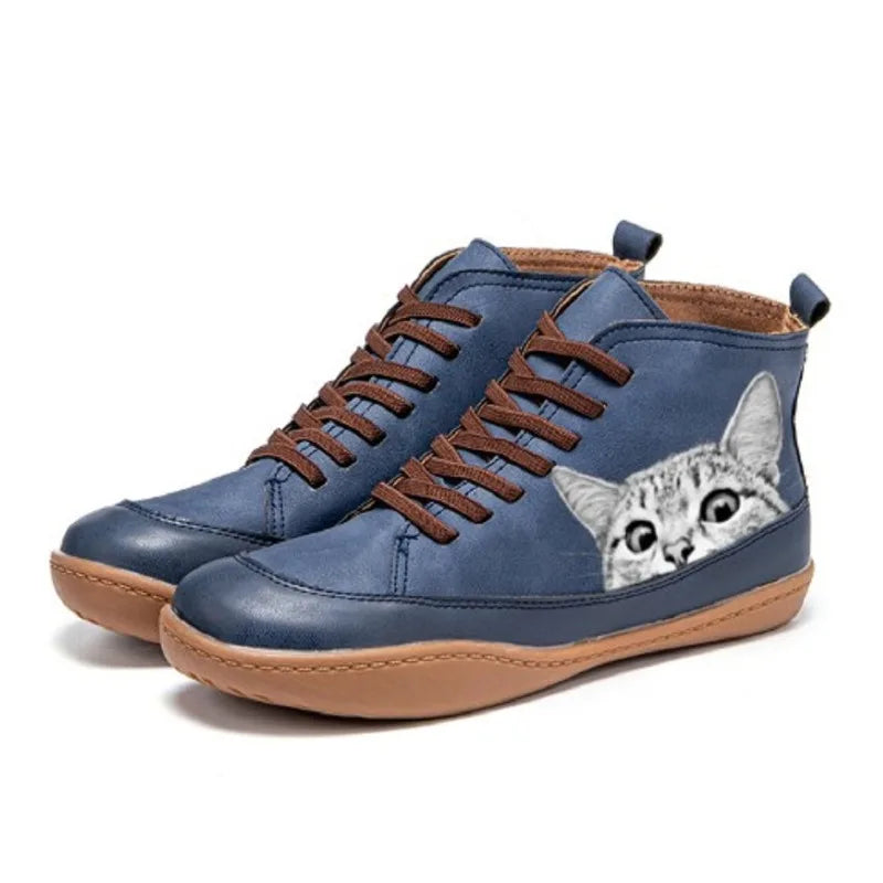 Amane | Women’s Orthopedic Lace-Up Boots with Stylish Cat Print