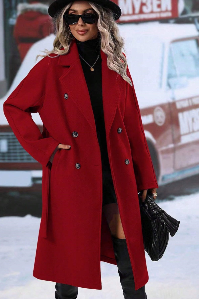 Frances | Women’s Long Wool-Blend Coat with Tie Waist & Double-Breasted Design