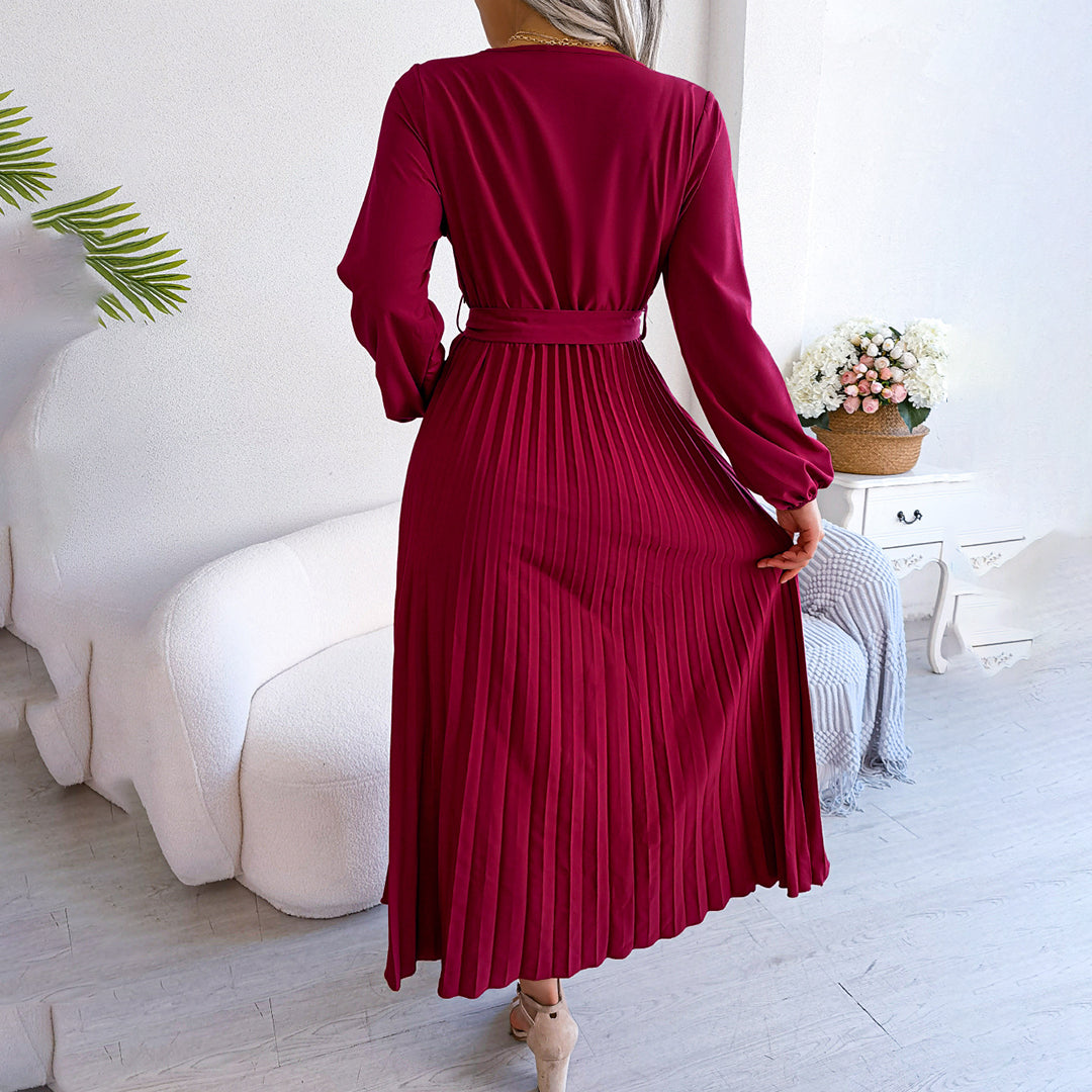 Aveline | Women's Solid Colour V-Neck Maxi Dress with Tie Waist & Pleated Skirt