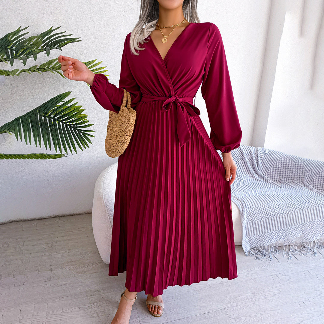 Aveline | Women's Solid Colour V-Neck Maxi Dress with Tie Waist & Pleated Skirt