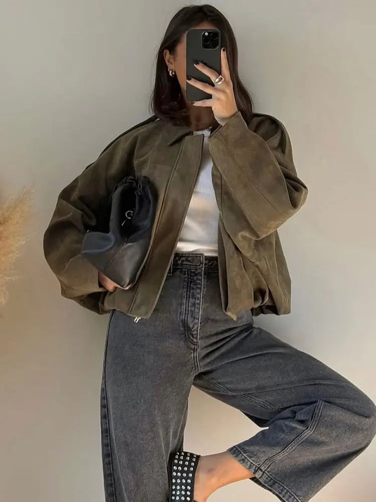 Alexandra | Women’s Green Oversized Suede Jacket Loose Fit