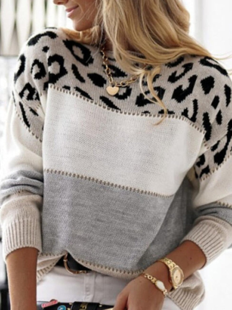 Ronira | Colourblock Knitted Sweater with Leopard Print Detail