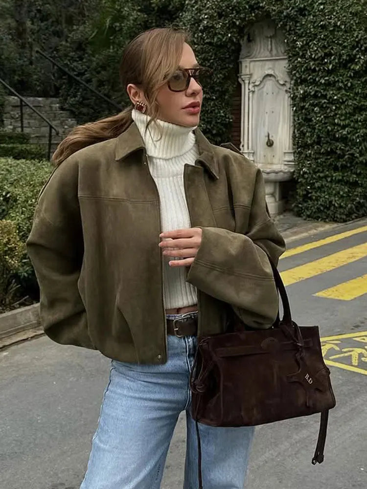 Alexandra | Women’s Green Oversized Suede Jacket Loose Fit