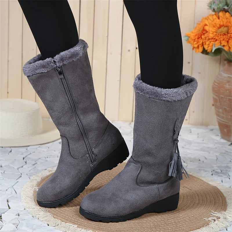 Olendra | Women's Mid-Length Fleece-Lined Boots with Fringe Décor & Side Zip