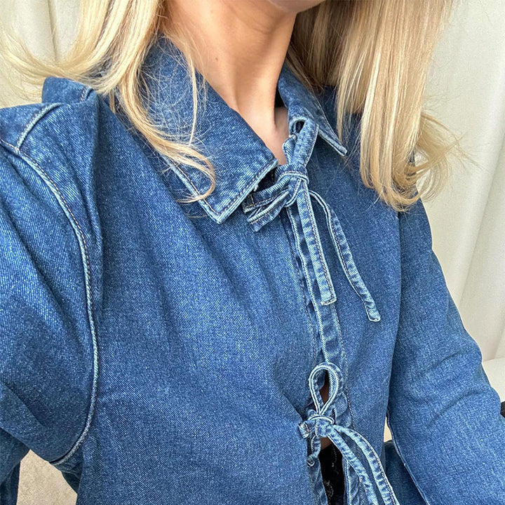 Mina | Women’s Blue Denim Jacket | Loose Fit Tie-Front Casual Coat 100% Cotton