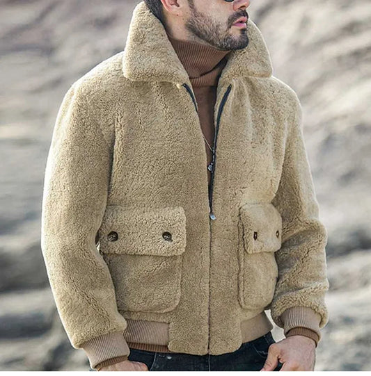 Maik | Men's Beige Faux Shearling Zip Jacket with Large Pockets – Warm & Practical