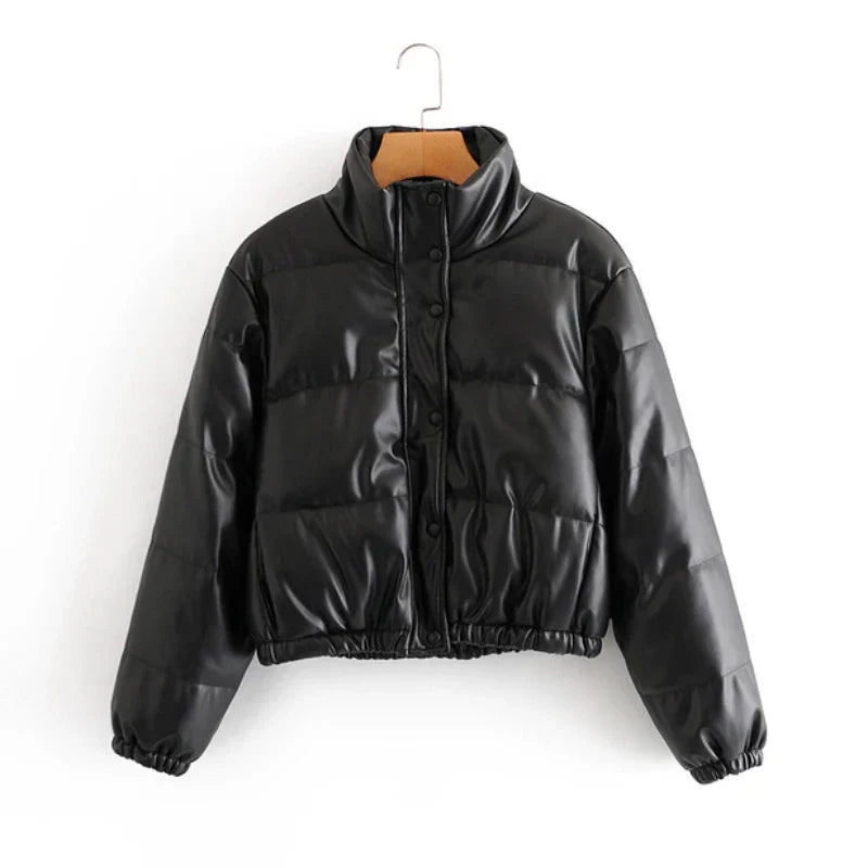 Octana | Women's Cropped Faux Leather Parka with Stand Collar & Button Details – Elegant & Functional Winter Coat