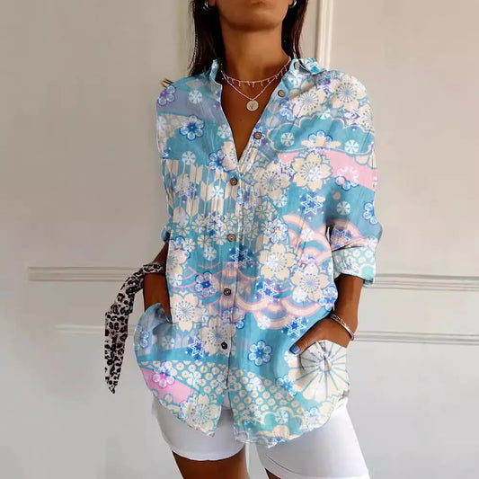 Selavia | Women's Stylish V-Neck Buttoned Blouse with Trendy Print Patterns