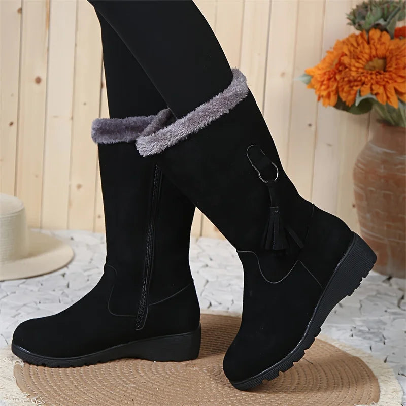 Olendra | Women's Mid-Length Fleece-Lined Boots with Fringe Décor & Side Zip