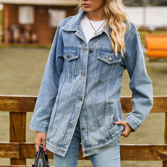 Delia | Women's Classic Denim Jacket with Lapel Collar, Buttons, and Multiple Pockets