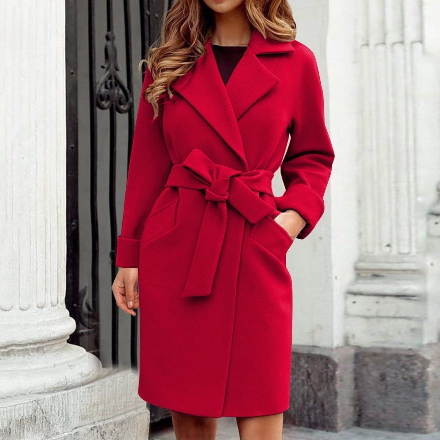 Eudoria | Women’s Solid Colour Long Coat with Lapel Collar and Waist Belt