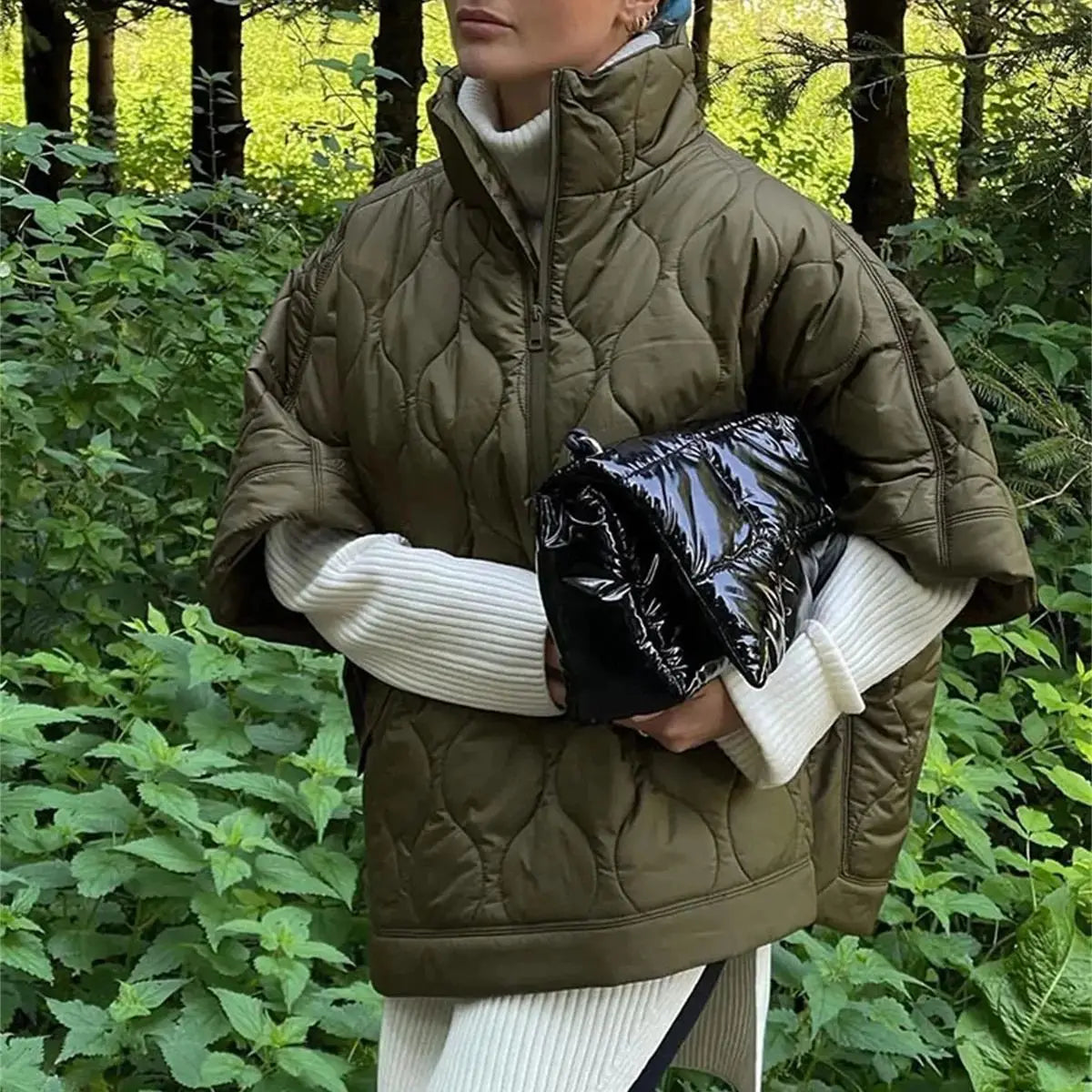 Samina | Women's Army Green Quilted Parka Jacket with Zipper and Stand-Up Collar – Stylish Winter Jacket for Cold Days