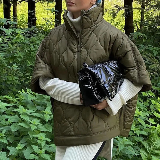 Samina | Women's Army Green Quilted Parka Jacket with Zipper and Stand-Up Collar – Stylish Winter Jacket for Cold Days